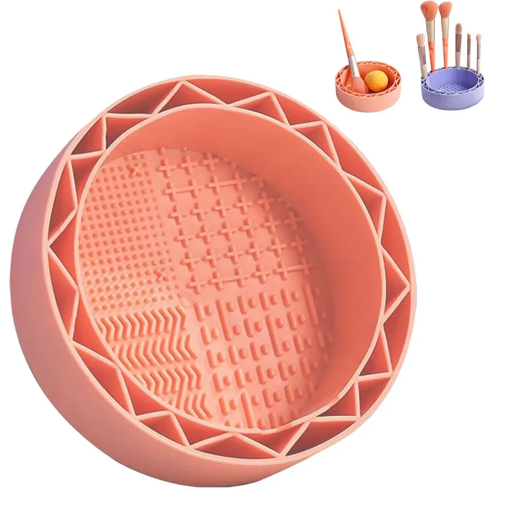 3 in-1 Makeup Brush Cleaner, Sillicon Brushes Cleaning Mat Brush Holder Bowl Prtable Cleaning Tool(Orange)