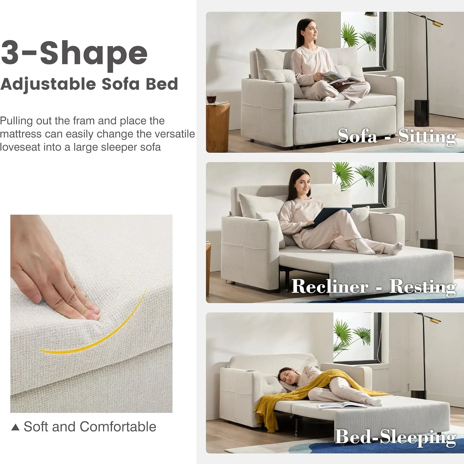 3 in 1 Pull Out Couch, 56 Inch Convertible Sleeper Sofa Bed, Loveseat with Cup Holders, Storage Pockets, USB, Sofa Couches for Living Room, Bedroom, Apartment, Beige