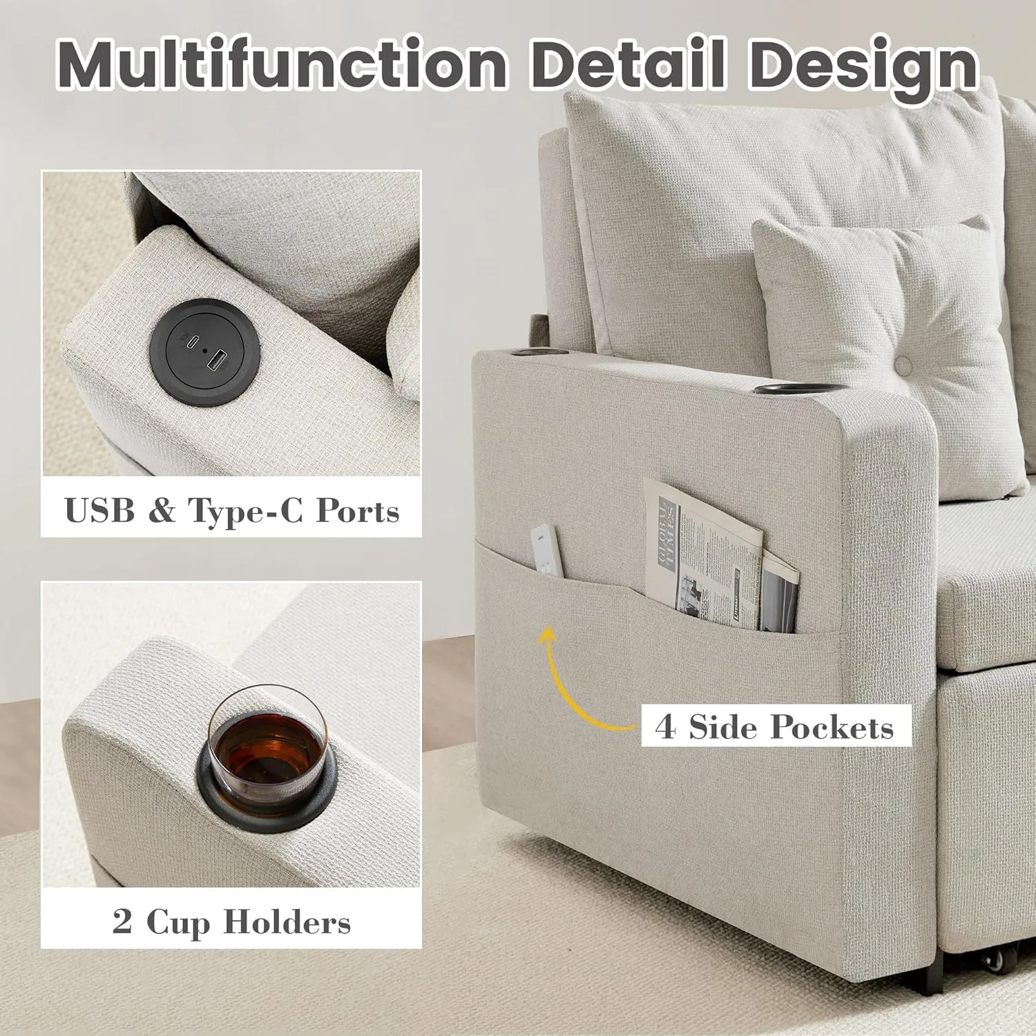3 in 1 Pull Out Couch, 56 Inch Convertible Sleeper Sofa Bed, Loveseat with Cup Holders, Storage Pockets, USB, Sofa Couches for Living Room, Bedroom, Apartment, Beige