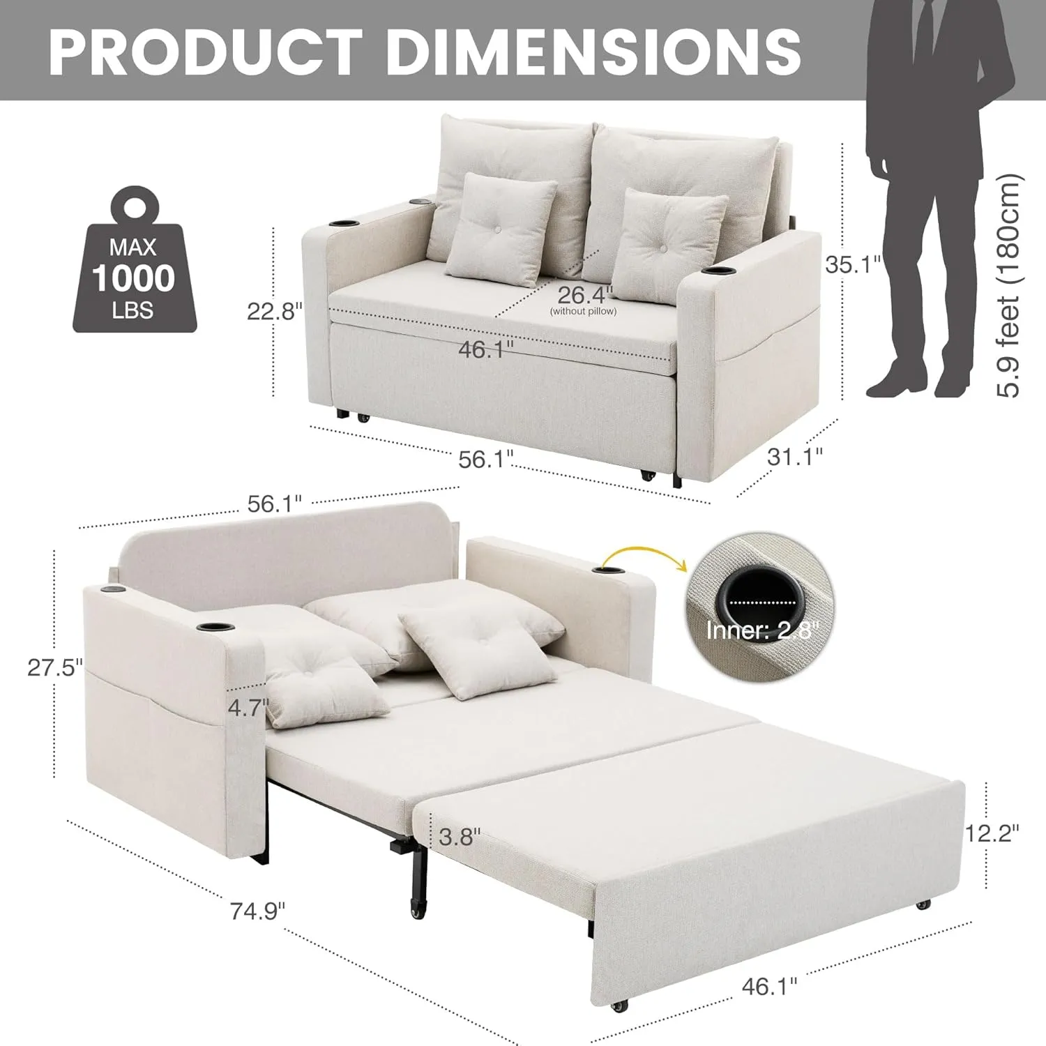 3 in 1 Pull Out Couch, 56 Inch Convertible Sleeper Sofa Bed, Loveseat with Cup Holders, Storage Pockets, USB, Sofa Couches for Living Room, Bedroom, Apartment, Beige