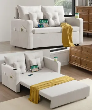 3 in 1 Pull Out Couch, 56 Inch Convertible Sleeper Sofa Bed, Loveseat with Cup Holders, Storage Pockets, USB, Sofa Couches for Living Room, Bedroom, Apartment, Beige