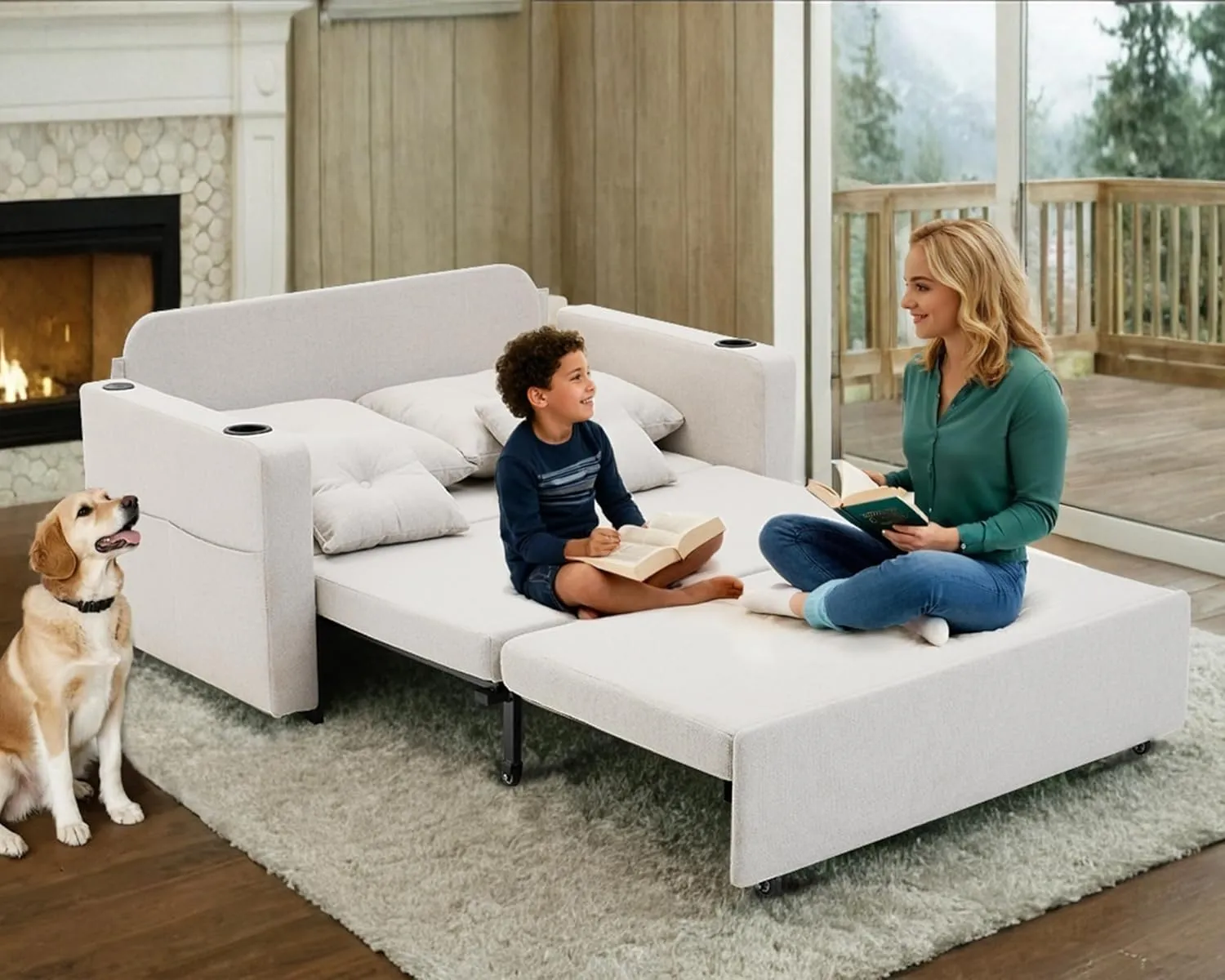 3 in 1 Pull Out Couch, 56 Inch Convertible Sleeper Sofa Bed, Loveseat with Cup Holders, Storage Pockets, USB, Sofa Couches for Living Room, Bedroom, Apartment, Beige