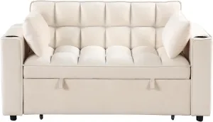 3 in 1 Upholstered Loveseat Futon Sofa Convertible Sleeper Sofabed, Modern Loveseat Sofa Foldable Lounge Chaise Daybed W/Pull Out Sleeper Couch Bed,USB Ports and Cupholders for Living Room Bedroom