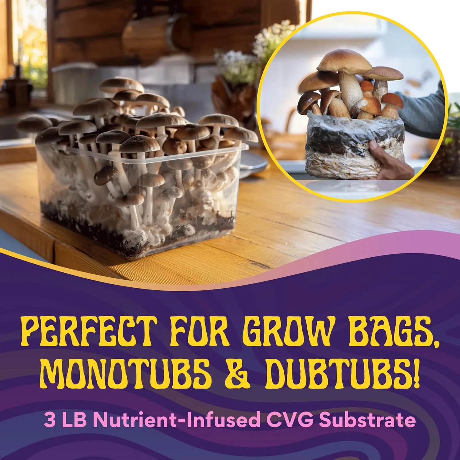 3 LB Pasteurized & Hydrated Mushroom Substrate | CVG Mix with Coco Coir, Vermiculite, Gypsum & Azomite | Grows Like Magic in Monotubs, Dubtubs & Grow Bags (3 LB Bag)
