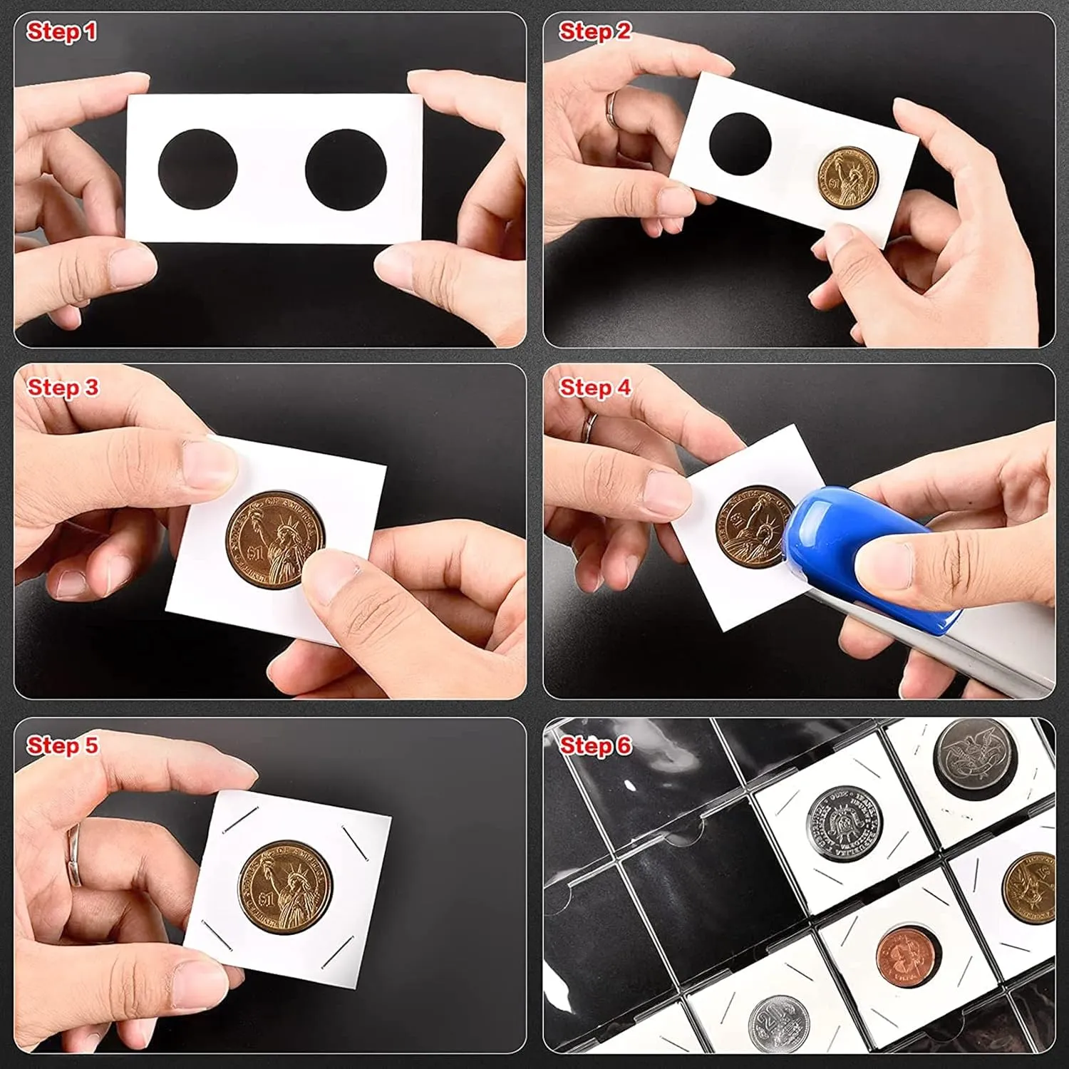 300 Cardboard Coin Holder for Collectors with 15 Sheets Coin Pocket Pages, 300 Pockets Coins Collecting Book Sleeves Protectors Storage and 6 Size 2" x 2" Currency Holders for Coin Collection Supplies
