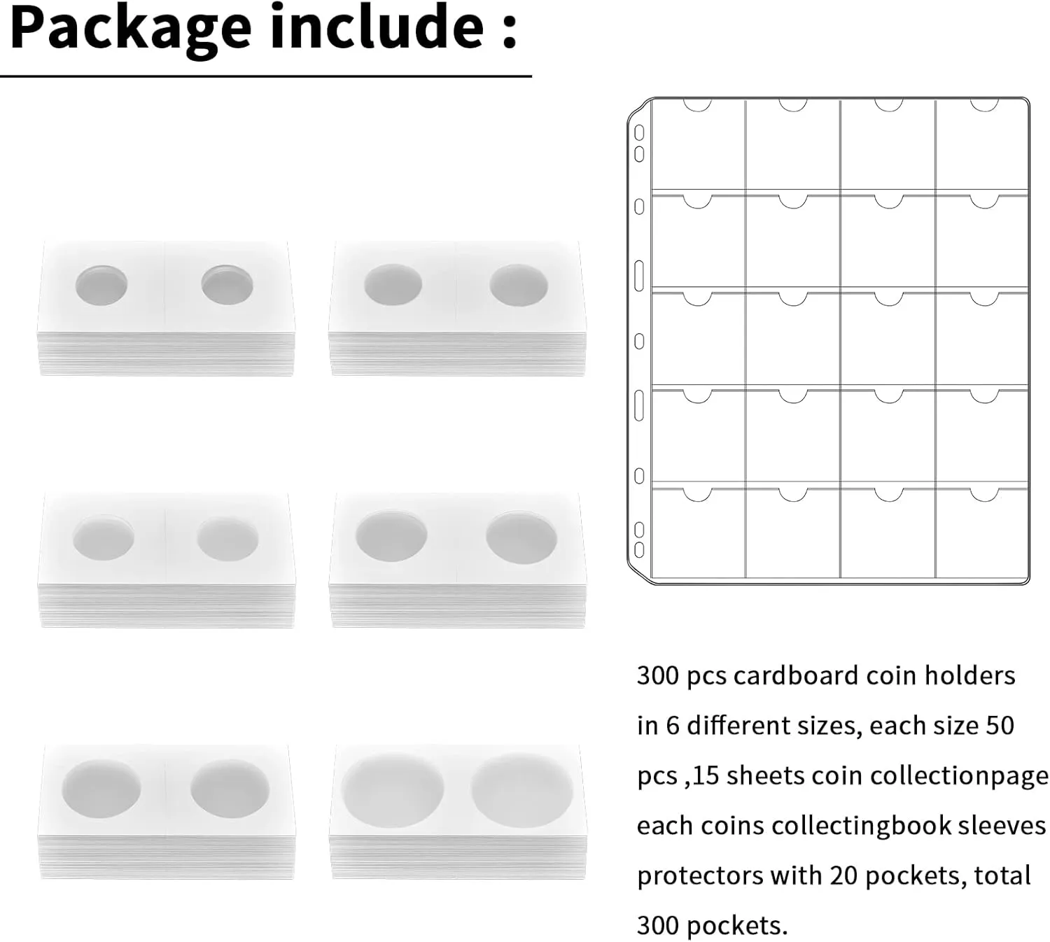 300 Cardboard Coin Holder for Collectors with 15 Sheets Coin Pocket Pages, 300 Pockets Coins Collecting Book Sleeves Protectors Storage and 6 Size 2" x 2" Currency Holders for Coin Collection Supplies