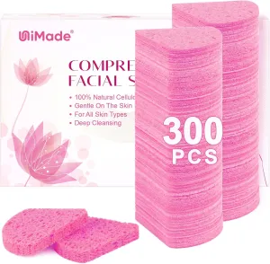300-Count Compressed Facial Sponges, Face Sponges for Cleansing, 100% Natural Cellulose Cosmetic Spa Scrub for Makeup Removal, Exfoliating Mask, Skin Massage - Pink
