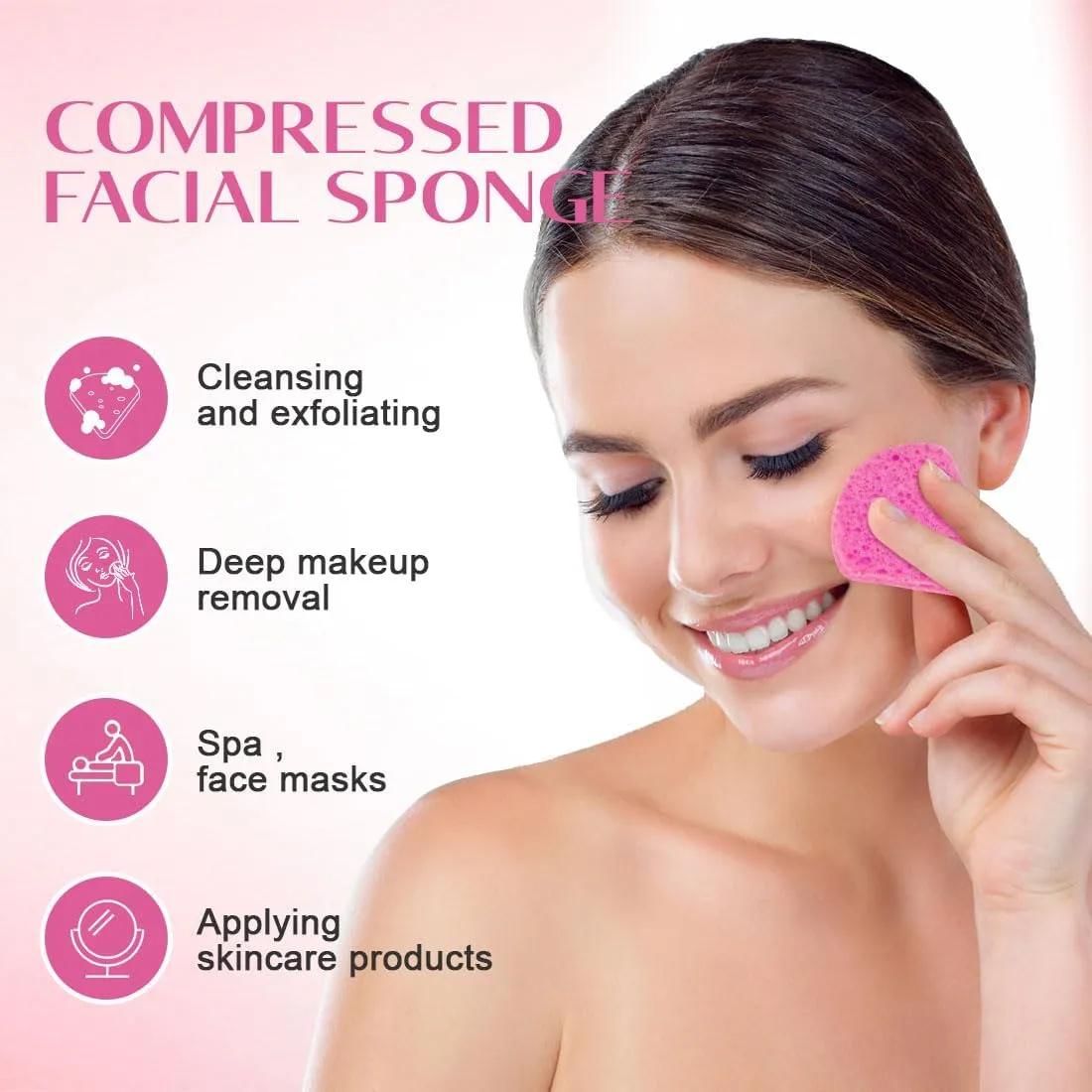 300-Count Compressed Facial Sponges, Face Sponges for Cleansing, 100% Natural Cellulose Cosmetic Spa Scrub for Makeup Removal, Exfoliating Mask, Skin Massage - Pink