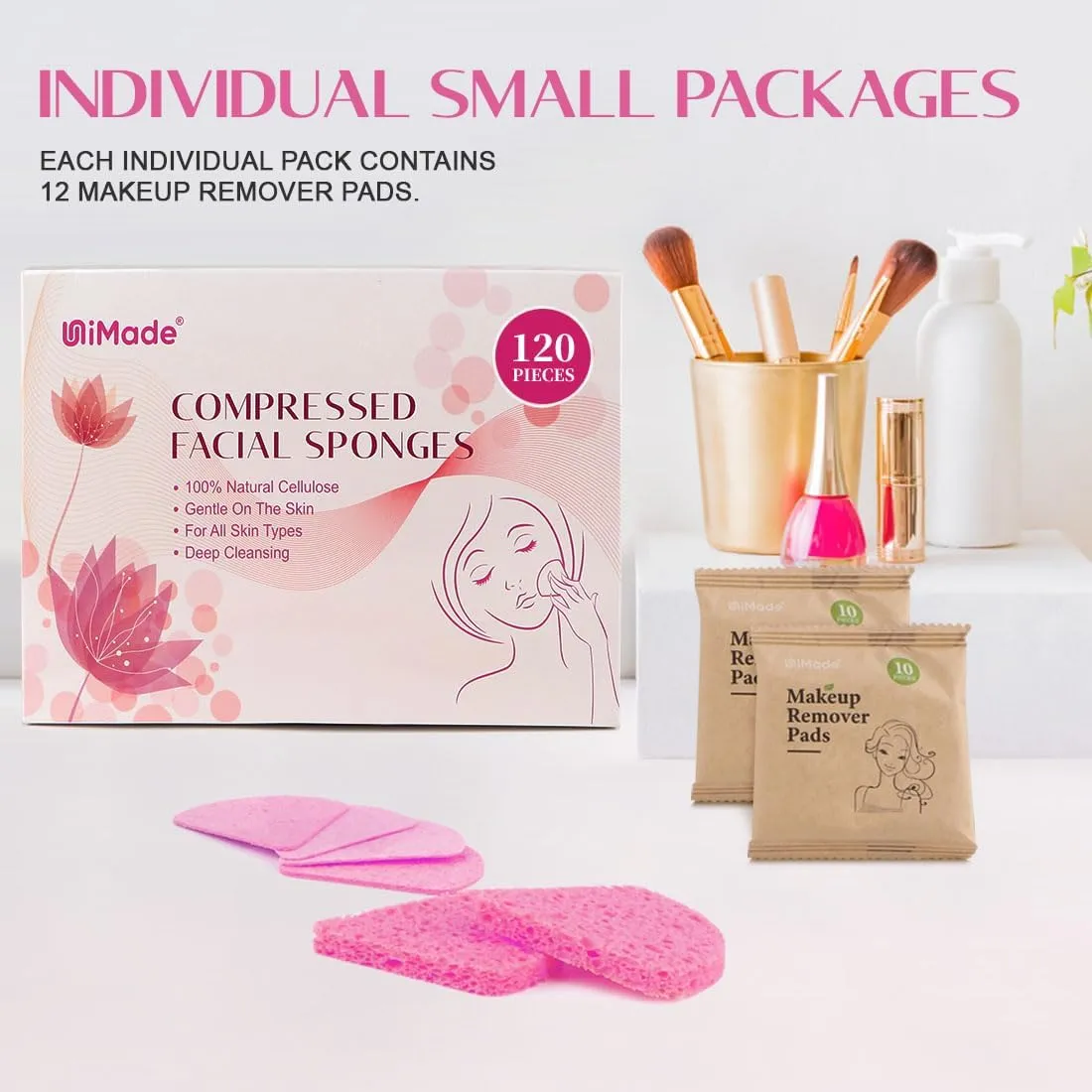 300-Count Compressed Facial Sponges, Face Sponges for Cleansing, 100% Natural Cellulose Cosmetic Spa Scrub for Makeup Removal, Exfoliating Mask, Skin Massage - Pink