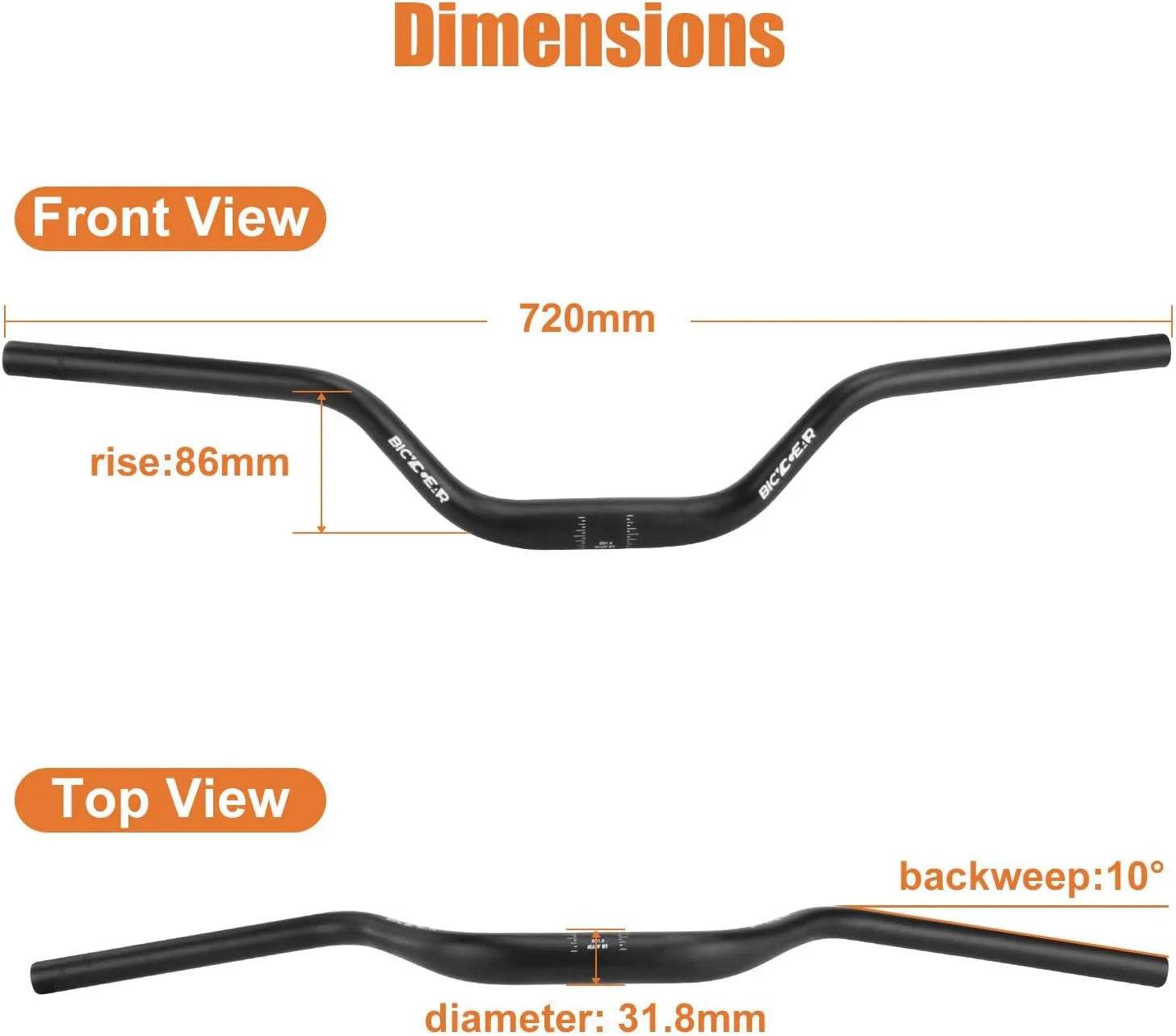 31.8 Bike Handlebars 720mm, 86mm Rise Bicycle Handlebars 10° Backsweep Alloy Riser Handle Bars for Mountain Bike, MTB, E Bikes, Road Dirt Bike, Cruiser, 1 1/4 inch, Sand Blasted