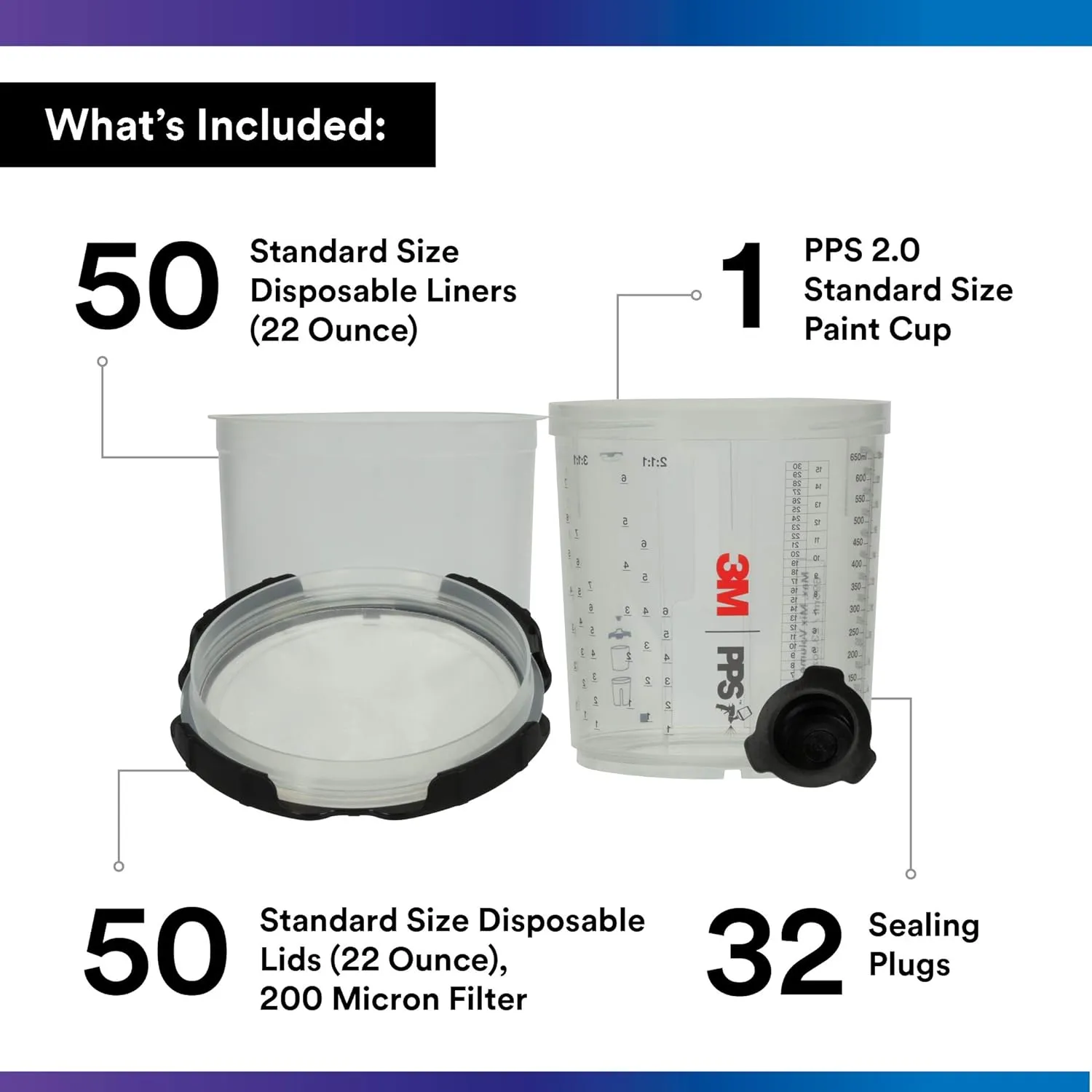 3M 26000 PPS 2.0 Spray Gun Cup, Lids and Liners Kit, Standard, 200-Micron Filter, 22 Ounces, BLACK,SILVER