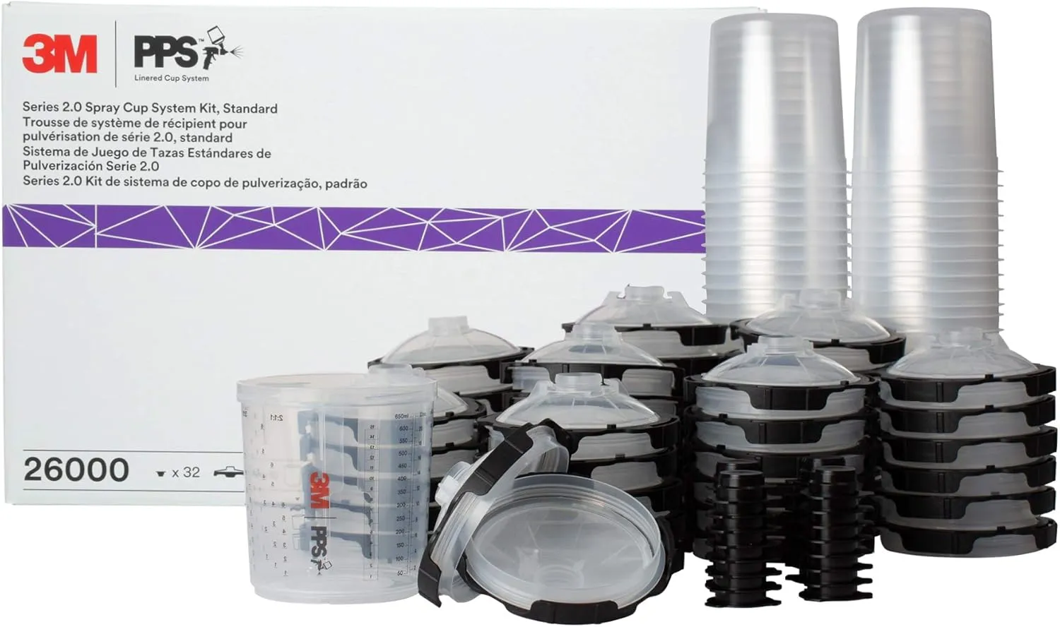 3M 26000 PPS 2.0 Spray Gun Cup, Lids and Liners Kit, Standard, 200-Micron Filter, 22 Ounces, BLACK,SILVER