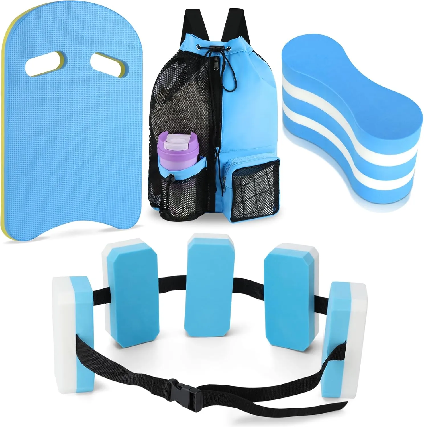 4 Pack Water Aerobics Equipment Set, Pool Exercise Set Aquatic Exercise Equipment with Swimming Kickboard, Pull Buoy, Mesh Beach Backpack,Aquatic Swim Belt for Swimming Party,Water Workout