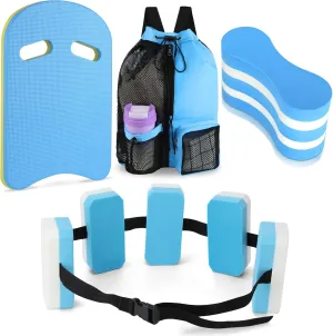 4 Pack Water Aerobics Equipment Set, Pool Exercise Set Aquatic Exercise Equipment with Swimming Kickboard, Pull Buoy, Mesh Beach Backpack,Aquatic Swim Belt for Swimming Party,Water Workout