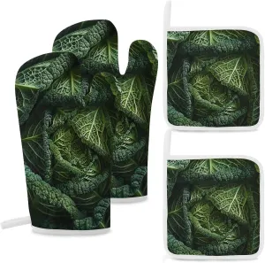 4 Pcs Oven Mitts and Pot Holders Set Kitchen Oven Gloves Heat Resistant Potholders Non-Slip Hot Pads Extra Large Cabbage Oven Mits for Cooking Baking Grilling
