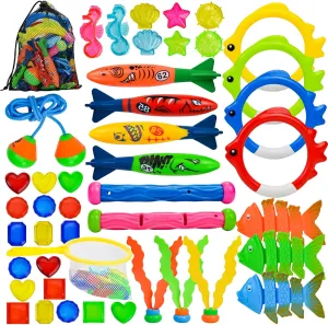 45 Pcs Pool Diving Swimming Toys for Kids Ages 3-12 Summer Pool Game Toys Set with Diving Door Diving Stick Fish Ring Gemstone Storage Bag for Boys Girls Underwater Dive Toys