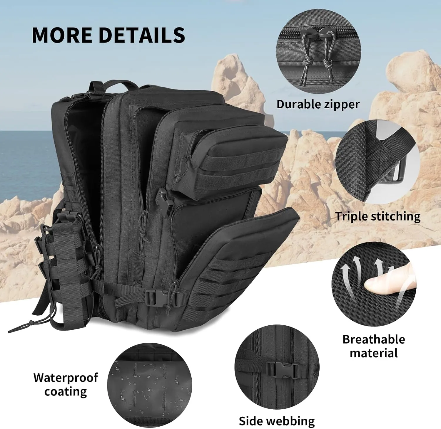 45L Tactical Backpack For Men Highland Assault Large Army Pack 3 Day Molle Bug Out Bag With Water Cup Bag Outdoor Camping Hiking Daypack Military Rucksack Black