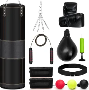 4ft Heavy Punching Bag Set, 6 in 1 Unfilled Heavy Boxing Bag with Punching Gloves, Wraps, Chain, Ceiling Hook for Indoor/Garden MMA Kick Boxing Muay Thai Karate