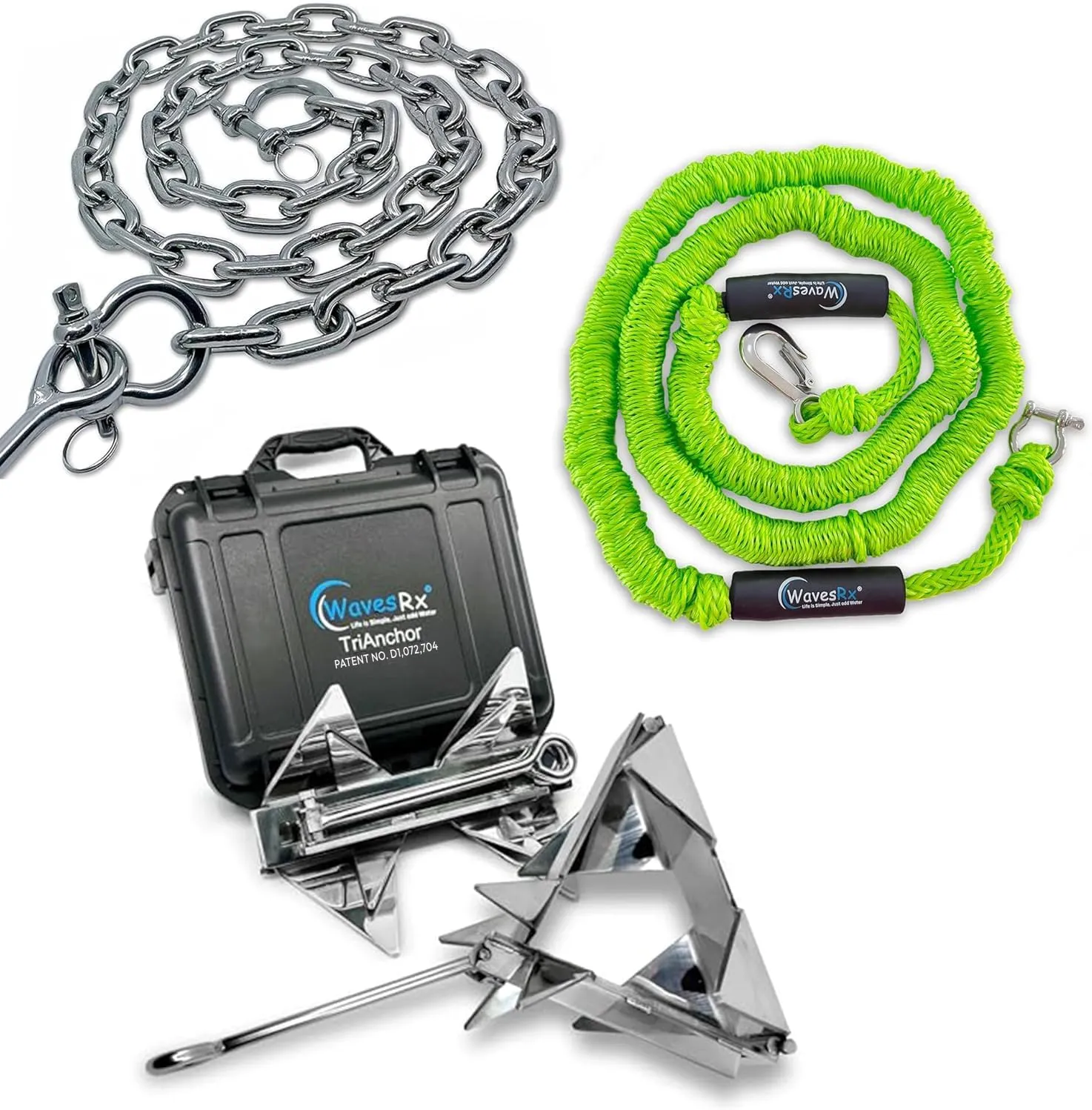 5lb TriAnchor   Stainless Steel 4ft Anchor Chain   7ft AnchorMate Bungee Line (7'-25') | Effortless Anchoring for Jet Skis & PWC | Unique Folding Design with Storage Case