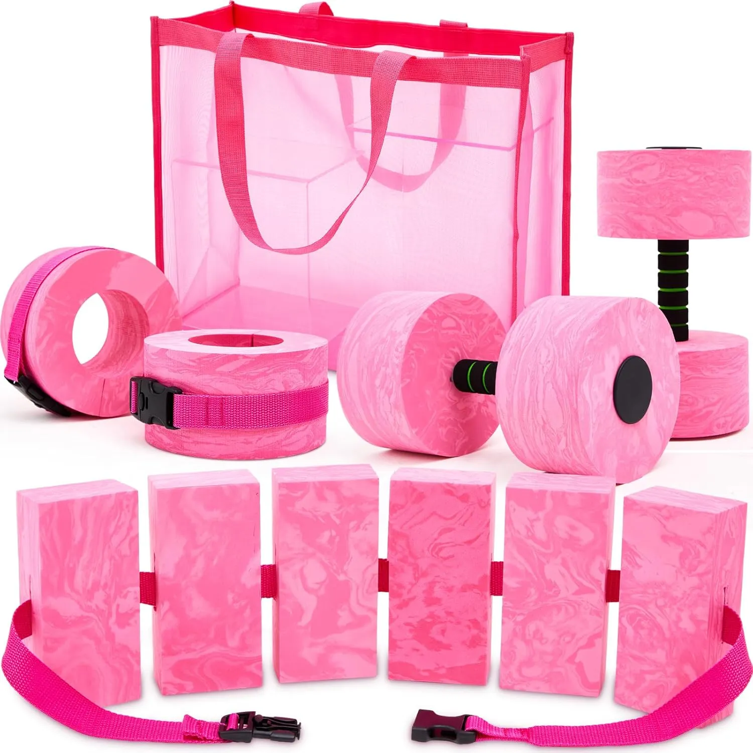 6 Pcs Aquatic Exercise Set Water Aerobics Set with Large Mesh Beach Bag Pool Fitness Equipment Foam Water Dumbbell Ankle Swimming Weight Aquatic Swim Belt for Exercise Weight Loss