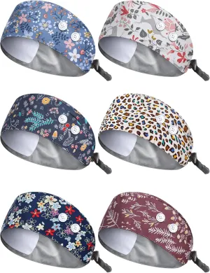 6 Pcs Satin Lined Scrub Caps Women Nurse Surgical Hat with Buttons Ponytail Working Adjustable Pouch Tie Back (Gourd Shaped Style)