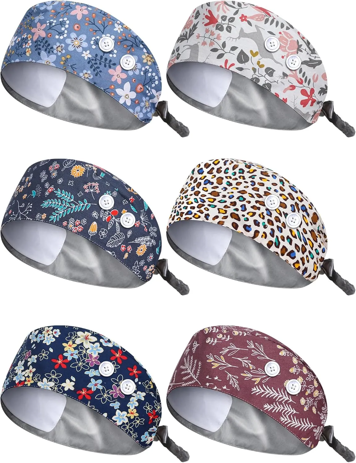 6 Pcs Satin Lined Scrub Caps Women Nurse Surgical Hat with Buttons Ponytail Working Adjustable Pouch Tie Back (Gourd Shaped Style)