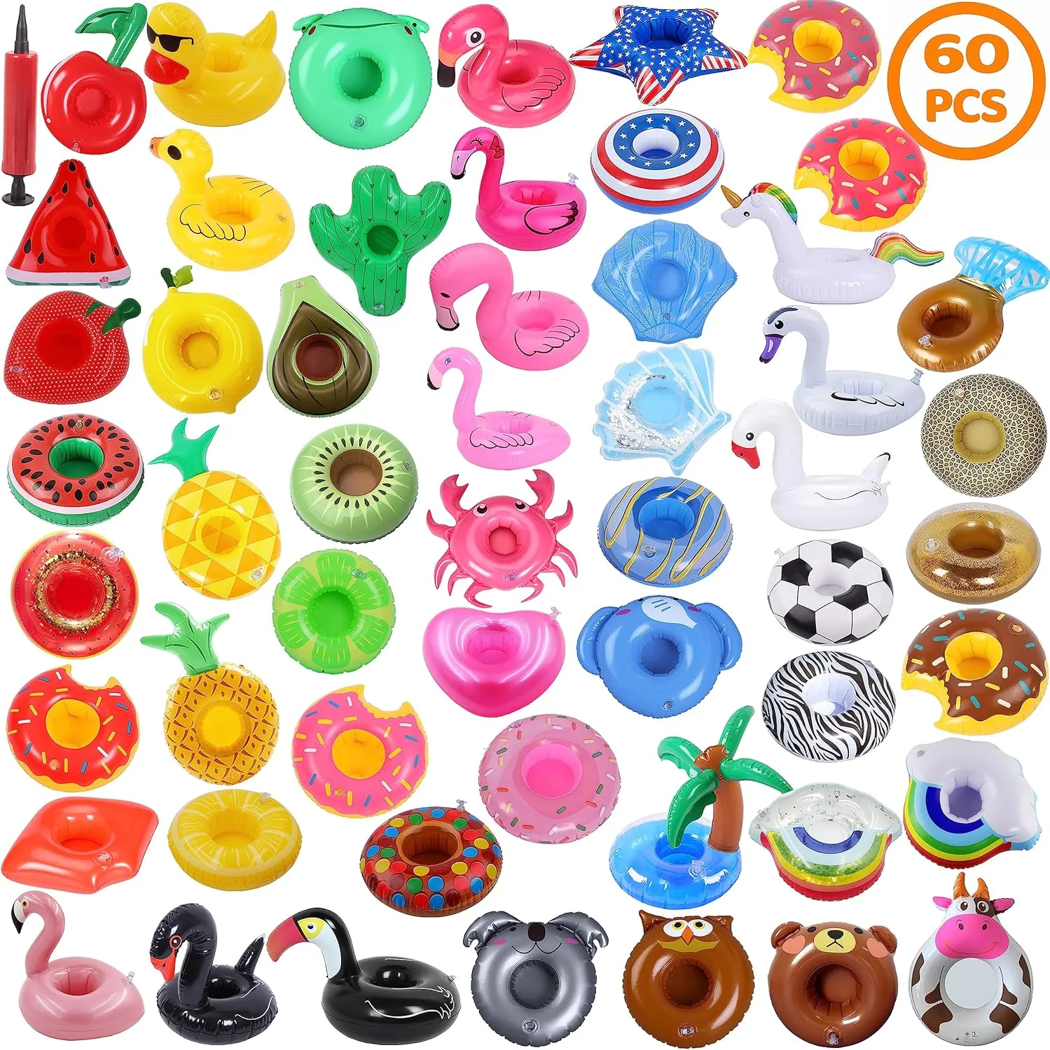 60 Pcs Inflatable Drink Holders Bulk Pool Drink Floats Cup Holder with Pump for Swimming Pool Party