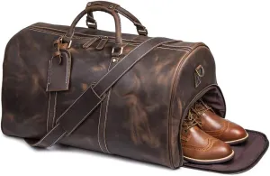 60L Leather Weekender Bag with Shoe Compartment,Classic Mens Leather Travel Duffel Overnight Bag YKK Zipper (Dark Browm)