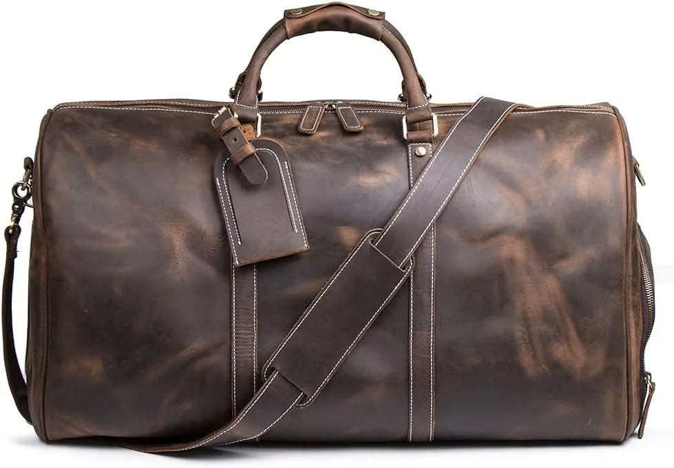 60L Leather Weekender Bag with Shoe Compartment,Classic Mens Leather Travel Duffel Overnight Bag YKK Zipper (Dark Browm)