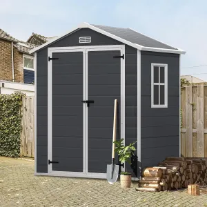 6x4.4ft Resin Shed with Floor, Waterproof Outdoor Plastic Garden Shed w/Lockable Doors, Window & Vents, Outdoor Storage Shed for Storing Lawn Mower, Patio Furniture, Tools, Bike (Dark Gray)