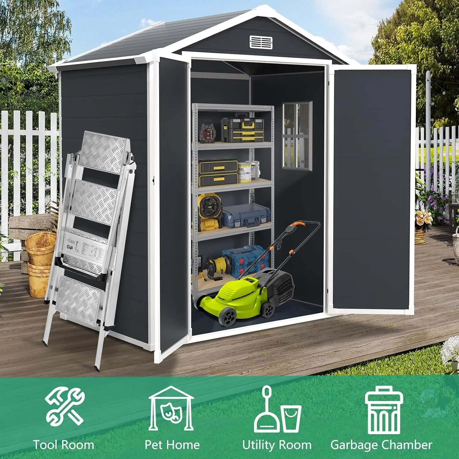 6x4.4ft Resin Shed with Floor, Waterproof Outdoor Plastic Garden Shed w/Lockable Doors, Window & Vents, Outdoor Storage Shed for Storing Lawn Mower, Patio Furniture, Tools, Bike (Dark Gray)
