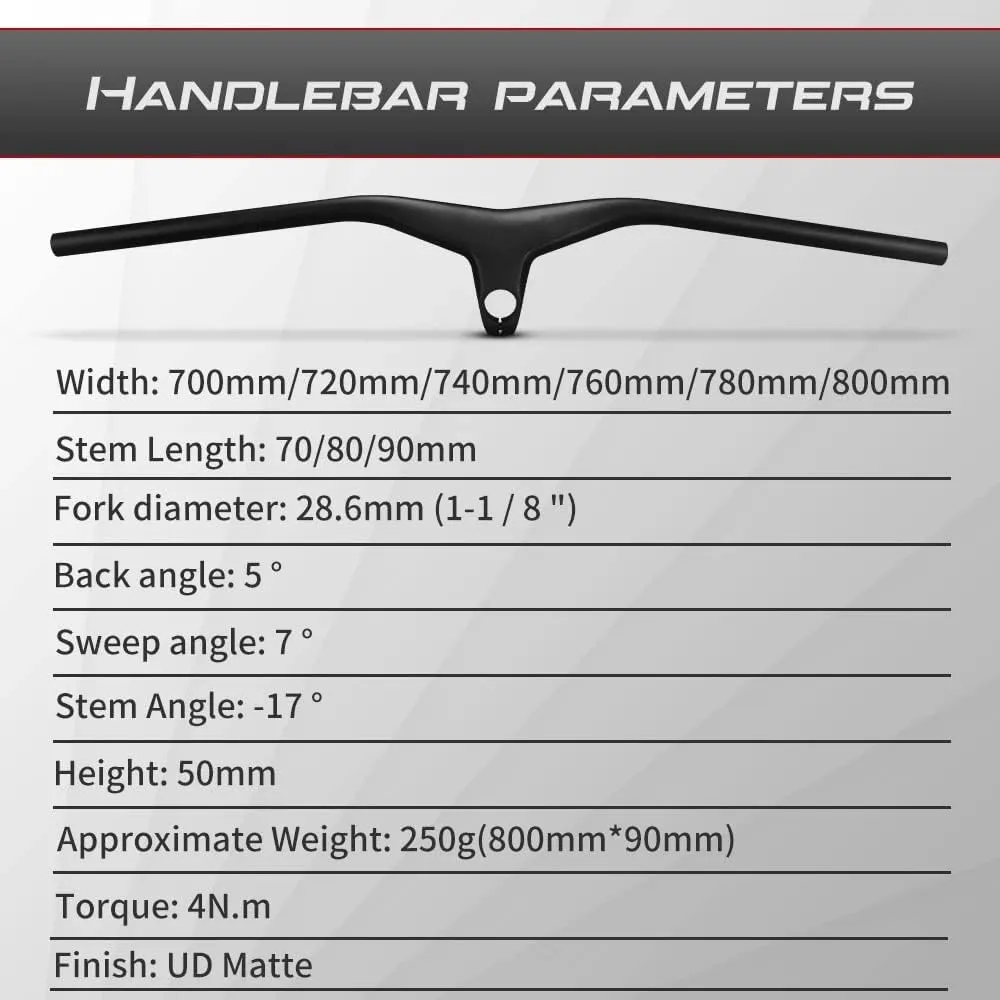 740mm bike handlebars MTB carbon fiber handlebars integrated stem handlebar 1-1/8" Sweep Angle 7 degree mountain bike handlebars 90mm 70/72/74/76/78/80cm