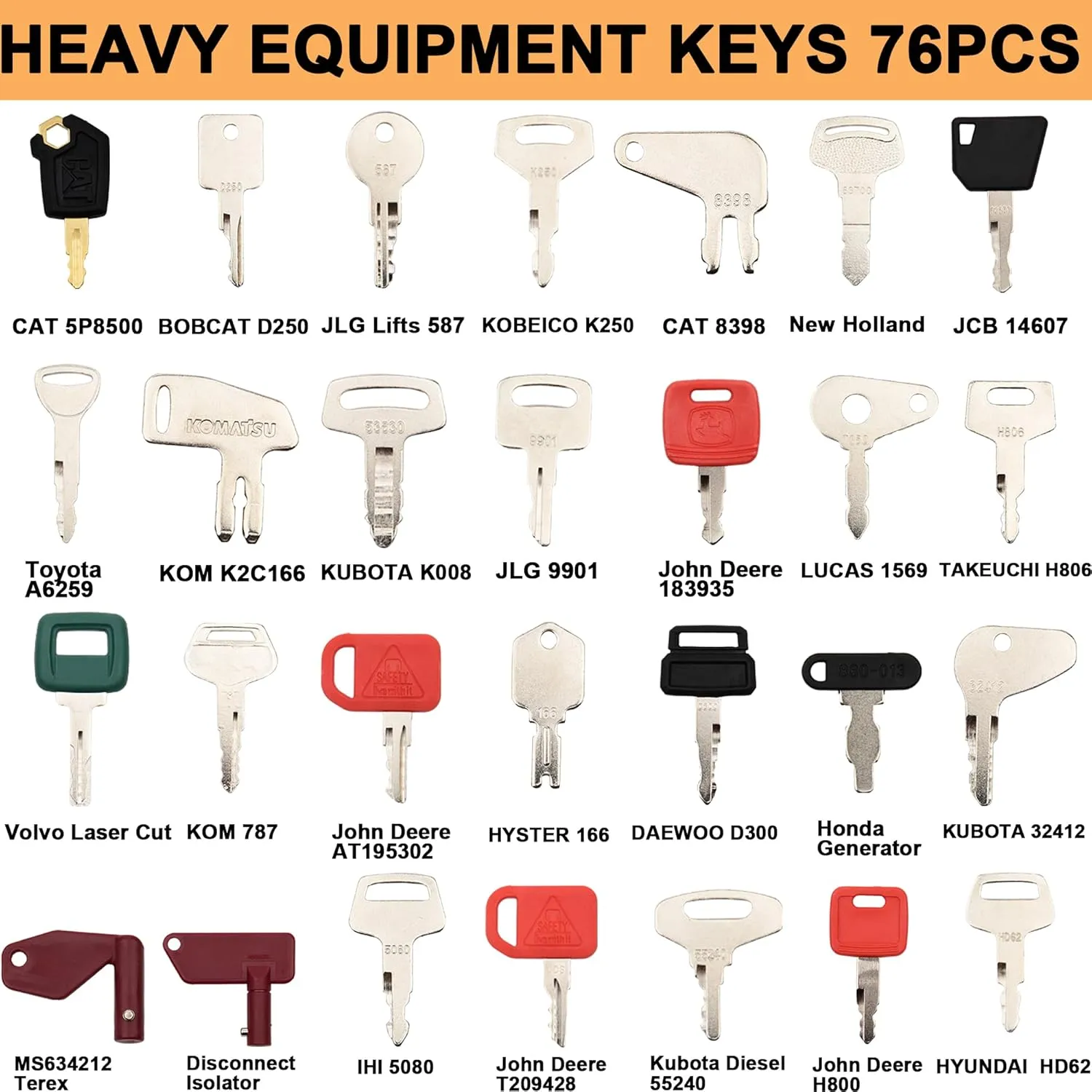 76 Heavy Equipment Keys Master Set Construction Ignition Key fits Cat Caterpillar JD Komatsu Kubota Bobcat Daewoo Takeuchi Yanmar New Holland Volvo Hyster JCB Toyota JLG Case Forklift