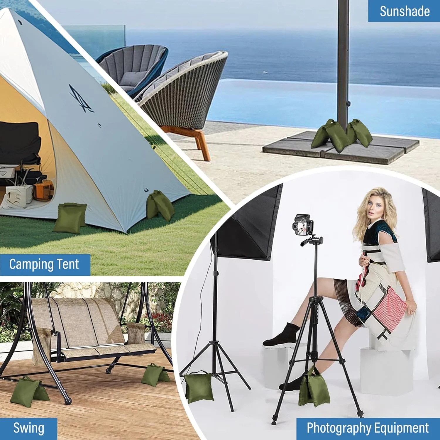 8 Packs Sandbags Weight Bags for Photo Studio, Heavy Duty Saddlebag for Canopy, Umbrella Base, Backdrop Stand, Photo Tripod, Picnic Table,Fishing Chair(Green)