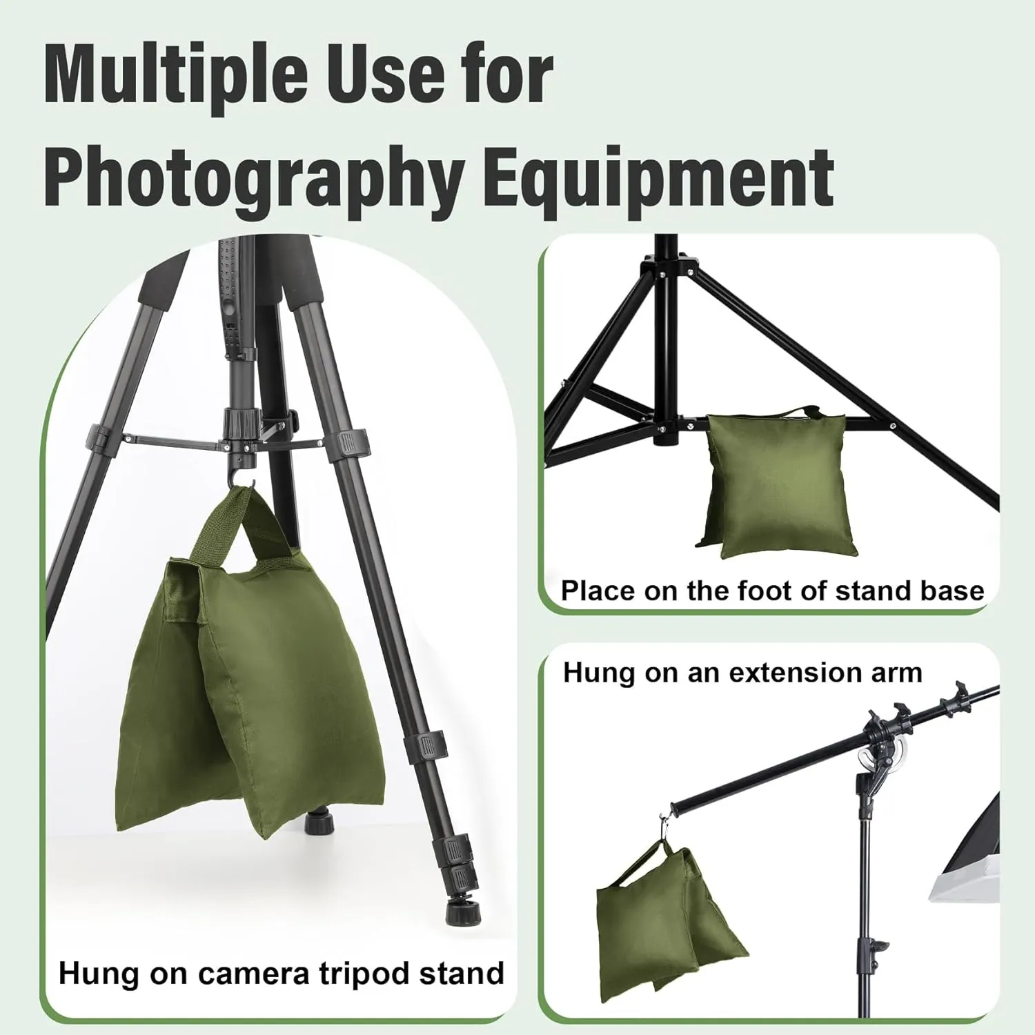8 Packs Sandbags Weight Bags for Photo Studio, Heavy Duty Saddlebag for Canopy, Umbrella Base, Backdrop Stand, Photo Tripod, Picnic Table,Fishing Chair(Green)