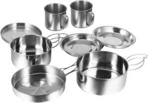 8Pcs Stainless Camping Cookware Set Durable Outdoor Cooking Equipment for Bbqs Beach Parties and Mountain Trekking for People Easy to Clean and Resistant