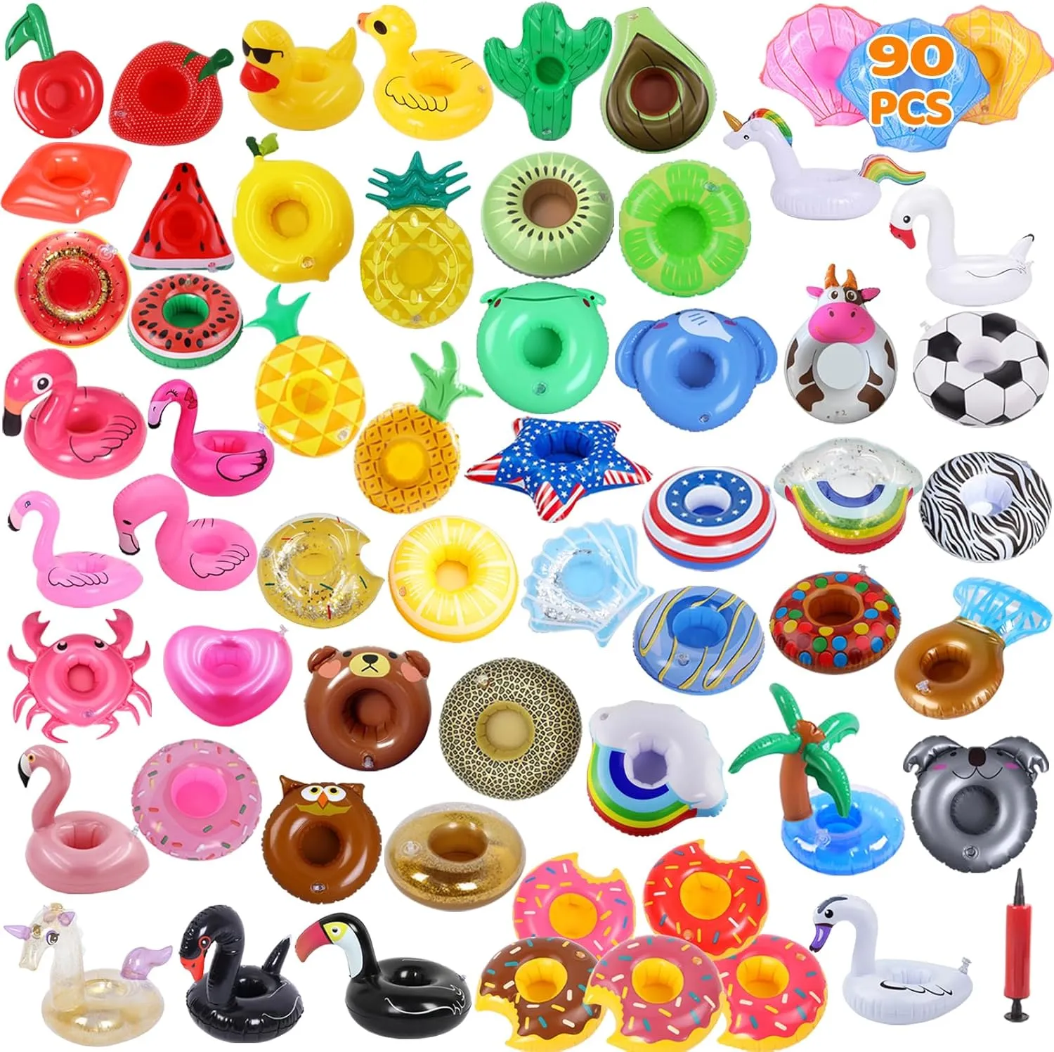 90 Pcs Inflatable Drink Holders Bulk Pool Drink Floats Cup Holder with Pump for Swimming Pool Party