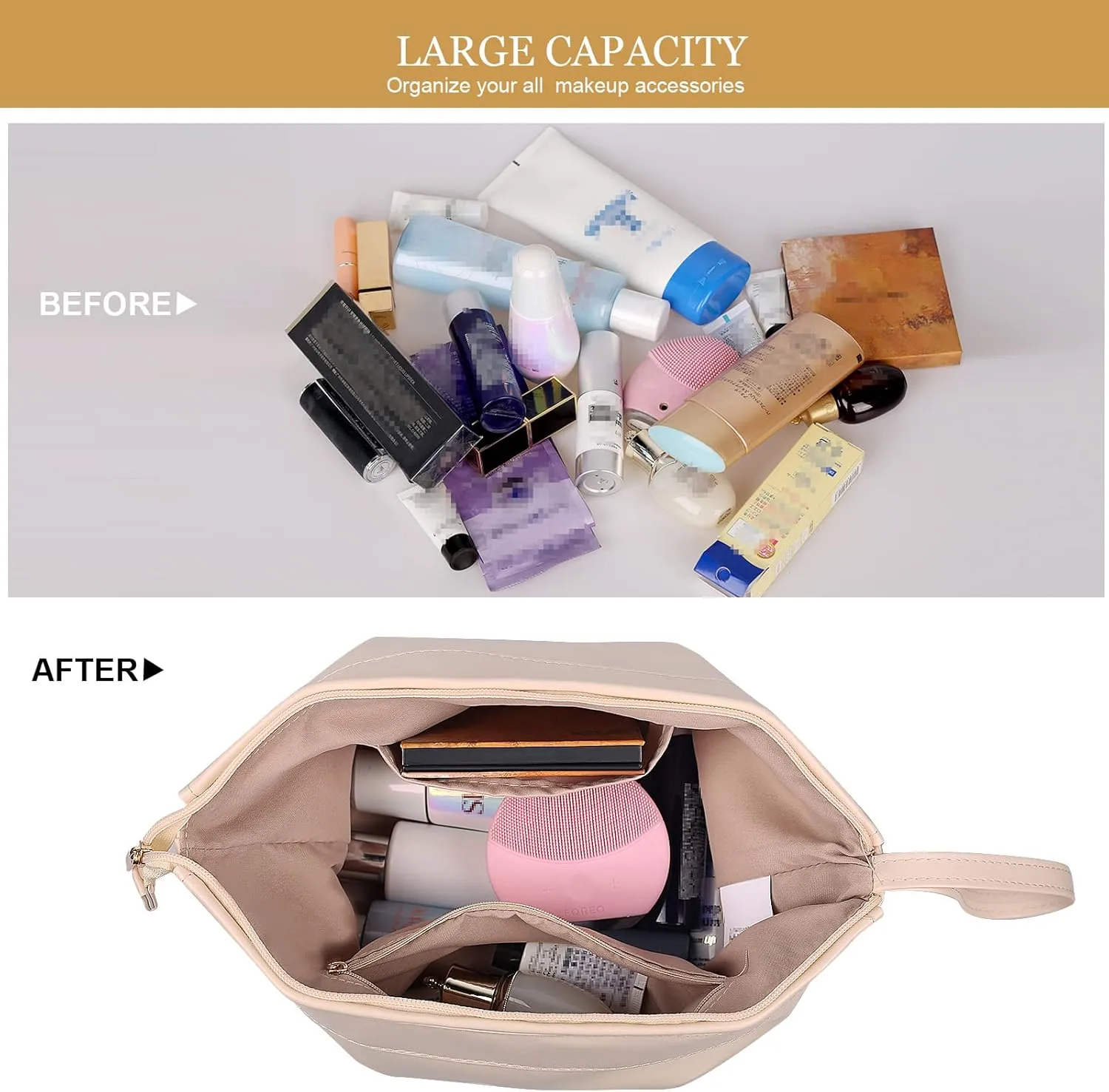 Abiudeng Large Capacity Makeup Bag Ladies Cosmetic Bag Travel Bag with Compartments Portable PU Leather Travel Makeup Bag with Handle