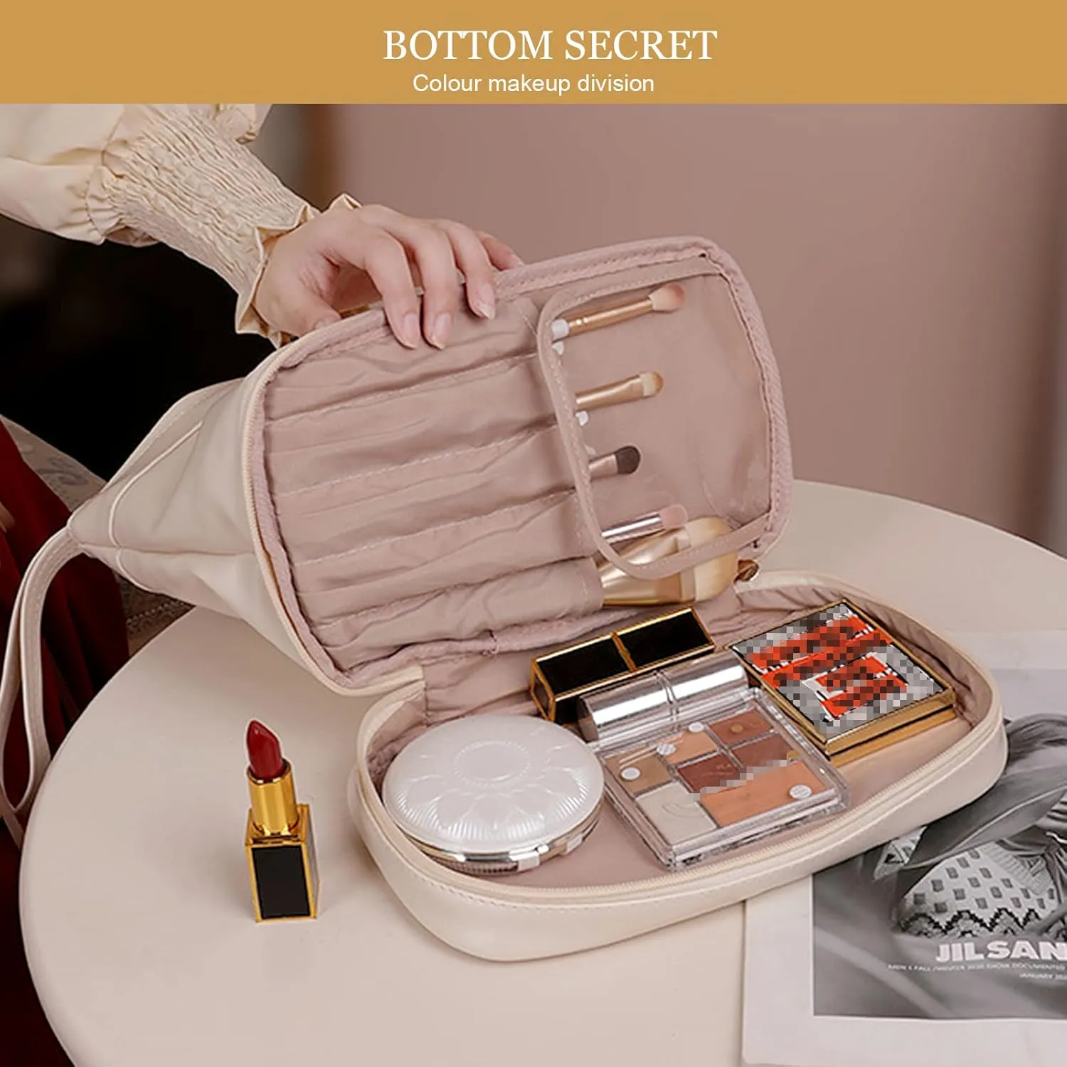 Abiudeng Large Capacity Makeup Bag Ladies Cosmetic Bag Travel Bag with Compartments Portable PU Leather Travel Makeup Bag with Handle