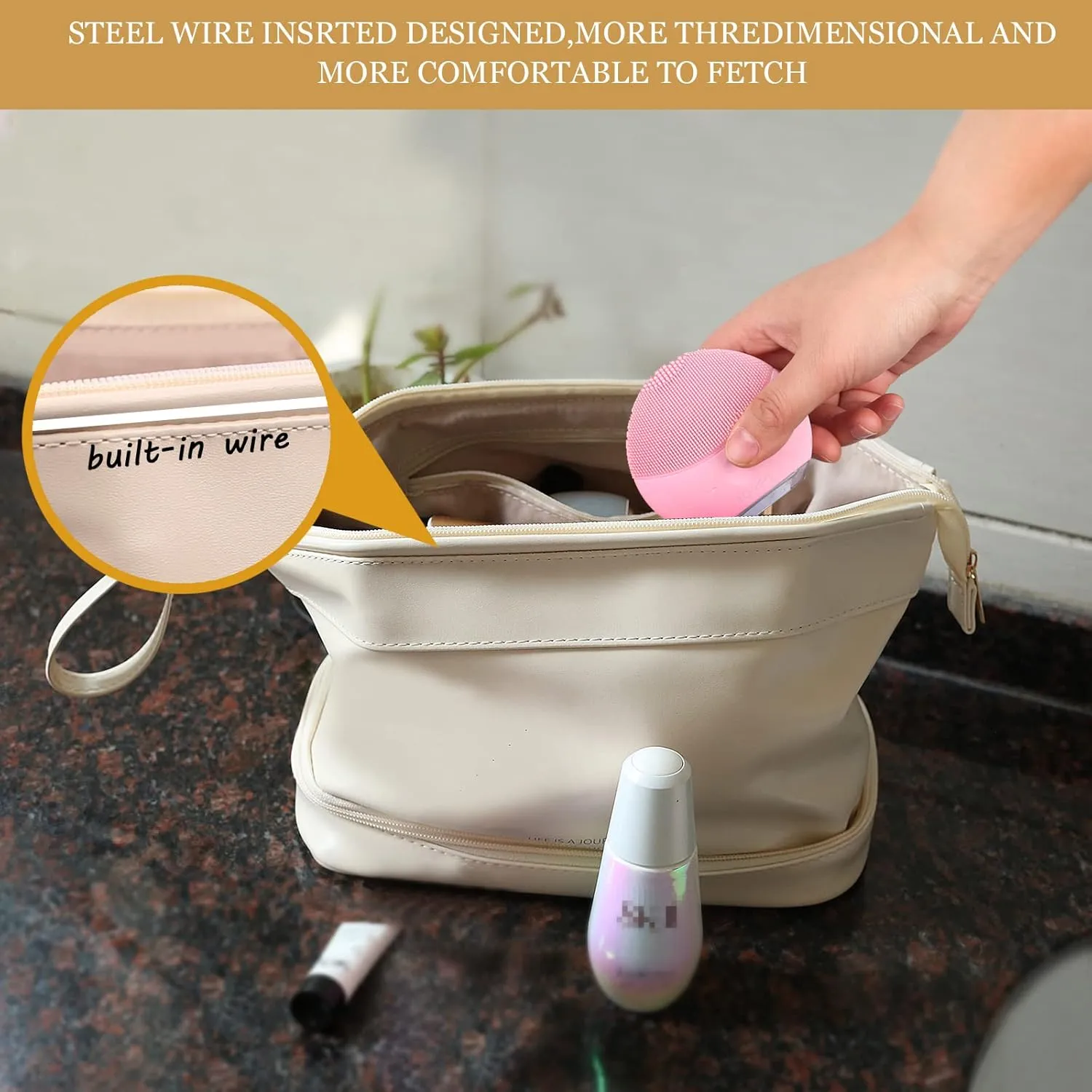 Abiudeng Large Capacity Makeup Bag Ladies Cosmetic Bag Travel Bag with Compartments Portable PU Leather Travel Makeup Bag with Handle