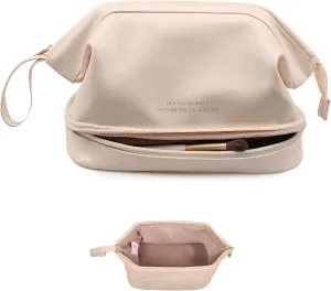 Abiudeng Large Capacity Makeup Bag Ladies Cosmetic Bag Travel Bag with Compartments Portable PU Leather Travel Makeup Bag with Handle