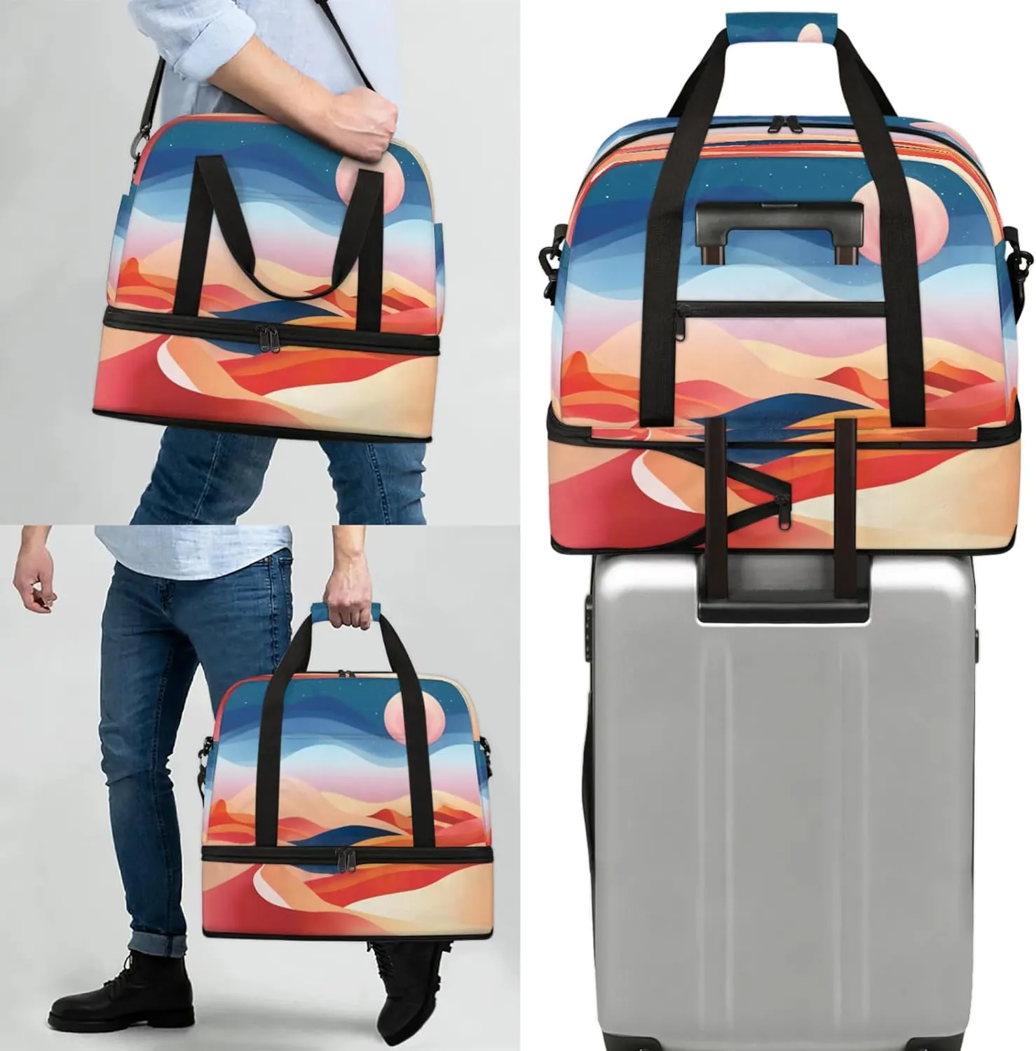 Abstract Moon DesertTravel Duffel Bags for Women & Men Large Sports Gym Bags Foldie Weekender Overnight Bag Carry On Tote Bag With Shoe Compartment Personal Item Bag for Travel Sports Gym