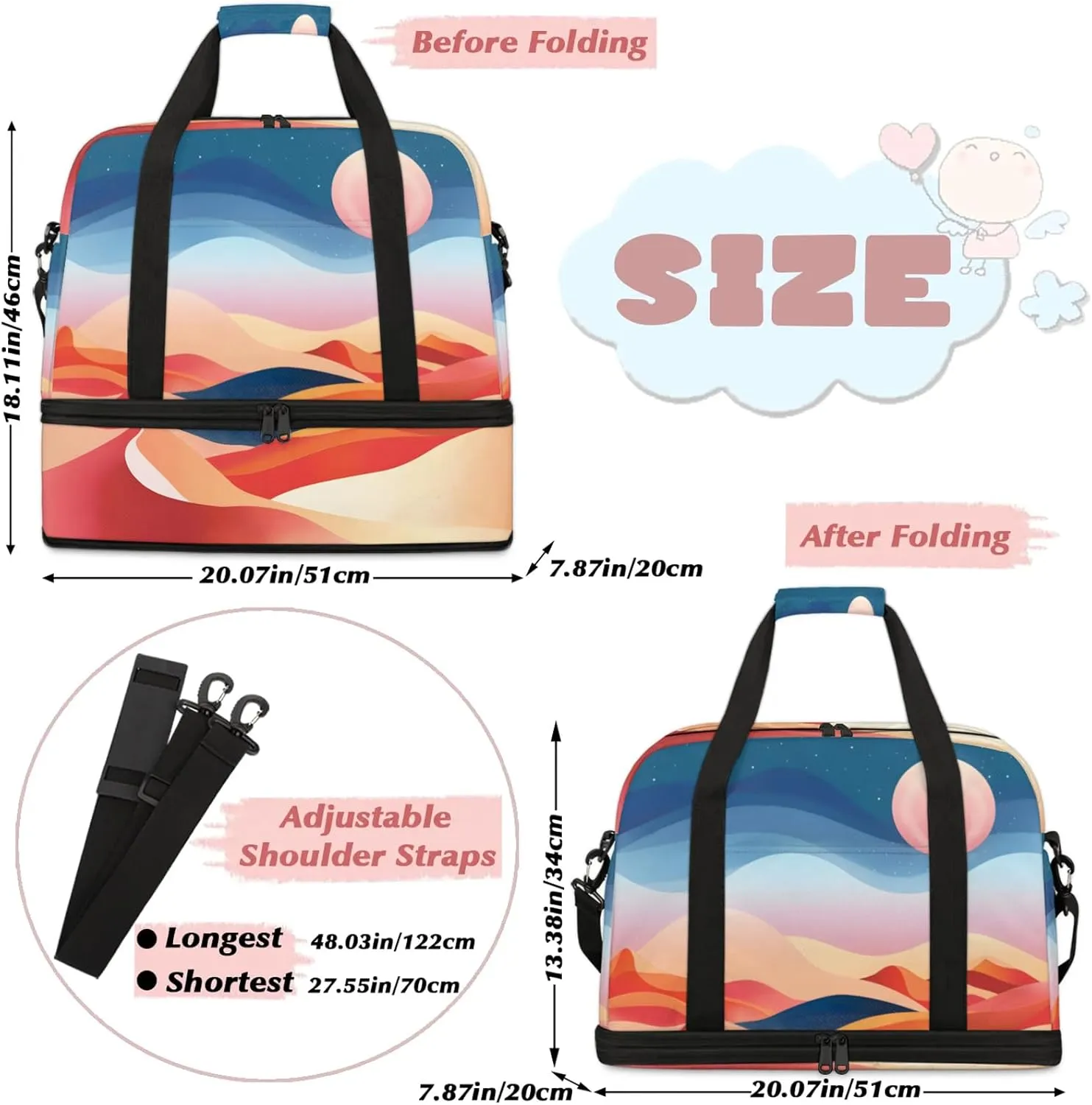 Abstract Moon DesertTravel Duffel Bags for Women & Men Large Sports Gym Bags Foldie Weekender Overnight Bag Carry On Tote Bag With Shoe Compartment Personal Item Bag for Travel Sports Gym