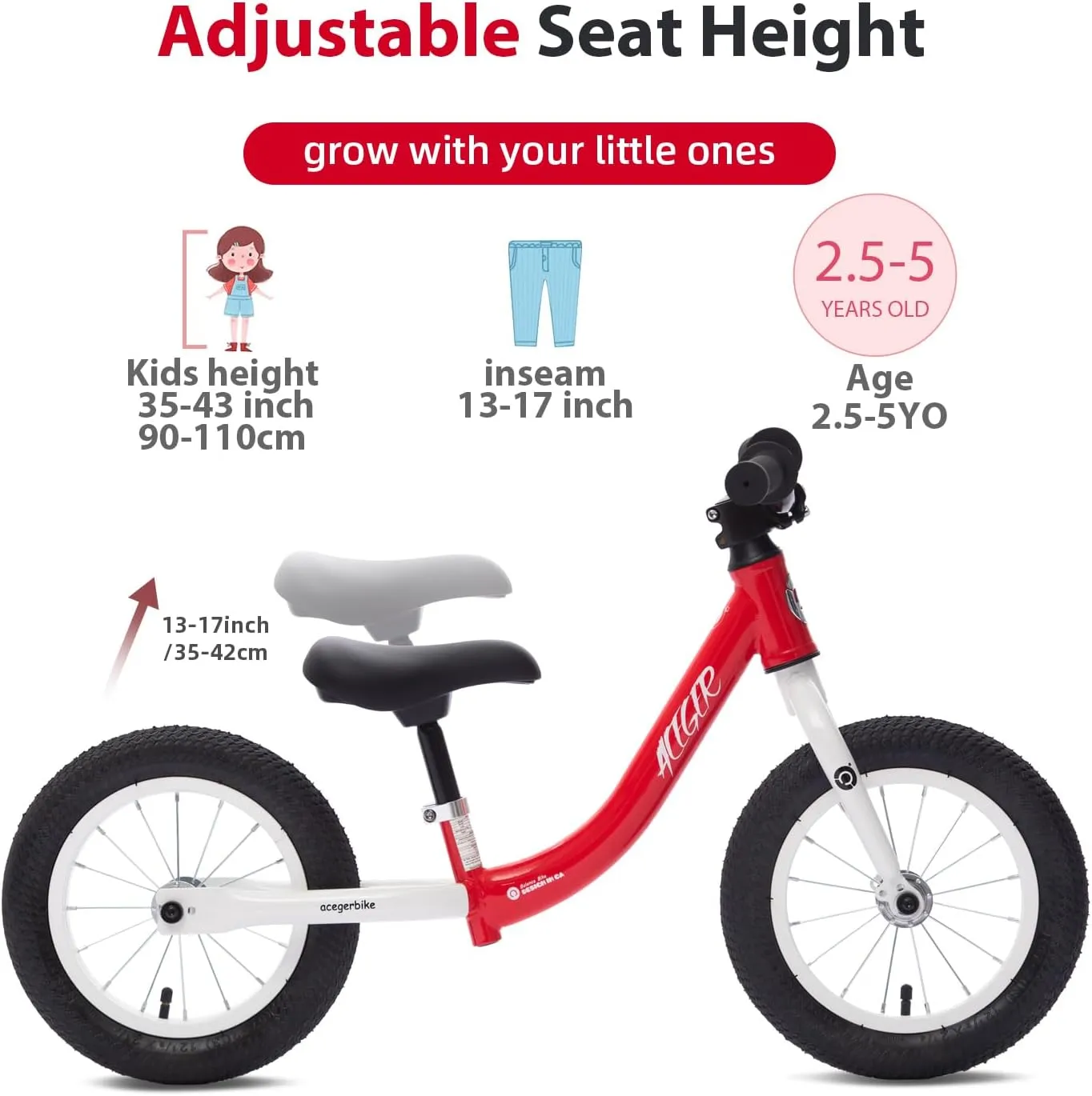 ACEGER 12" Kids Balance Bike with Basket, No Pedal Toddler Bicycle for Early Learning Leg Strength and Steady Balancing, Durable Frame&Tool-Free Adjustable Seat, Gift Bike for 2-5 Kids