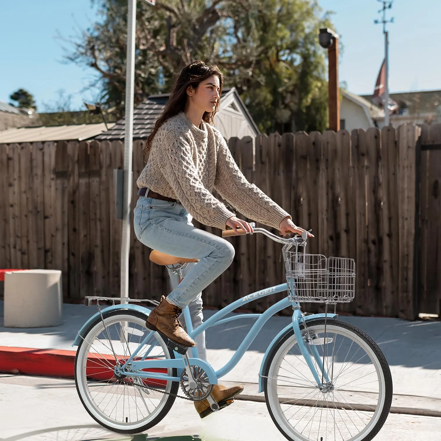 ACEGER 24 26 Inch Women Beach Cruiser Bike, Single Speed and 7 Speed, Adult Hybrid Bike Commuter Bicycle, Hi-Ten Steel Frame with Adjustable Handlebar and Saddle, Multiple Colors