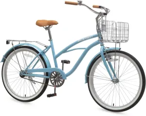 ACEGER 24 26 Inch Women Beach Cruiser Bike, Single Speed and 7 Speed, Adult Hybrid Bike Commuter Bicycle, Hi-Ten Steel Frame with Adjustable Handlebar and Saddle, Multiple Colors