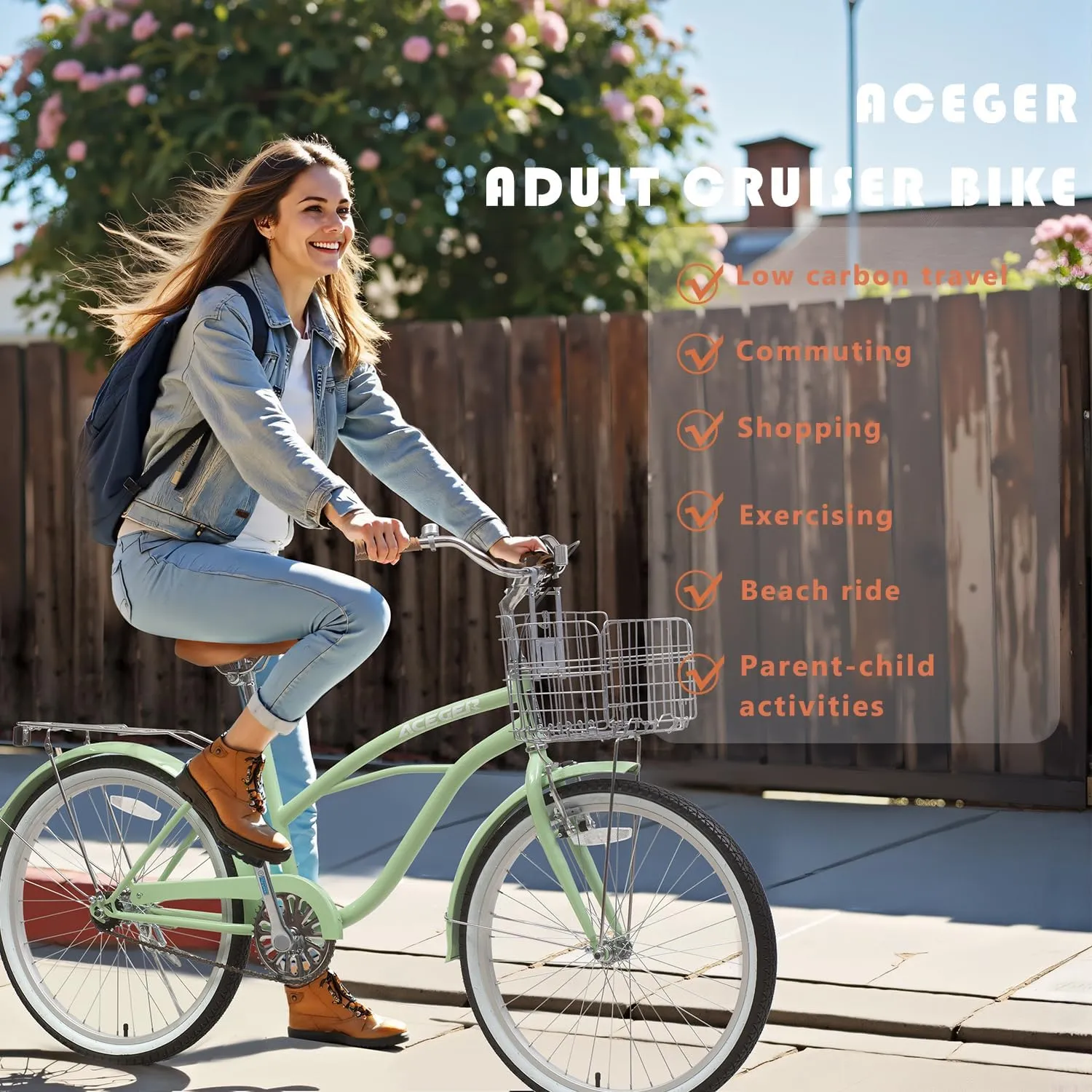 ACEGER 24 26 Inch Women Beach Cruiser Bike, Single Speed and 7 Speed, Adult Hybrid Bike Commuter Bicycle, Hi-Ten Steel Frame with Adjustable Handlebar and Saddle, Multiple Colors