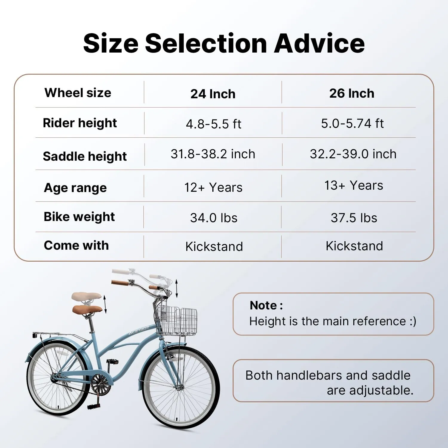 ACEGER 24 26 Inch Women Beach Cruiser Bike, Single Speed and 7 Speed, Adult Hybrid Bike Commuter Bicycle, Hi-Ten Steel Frame with Adjustable Handlebar and Saddle, Multiple Colors