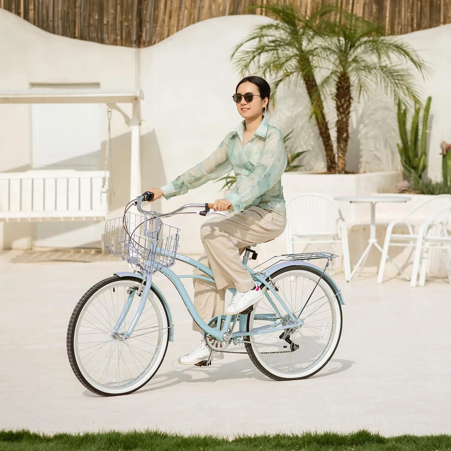 ACEGER 24 26 Inch Women Beach Cruiser Bike, Single Speed and 7 Speed, Adult Hybrid Bike Commuter Bicycle, Hi-Ten Steel Frame with Adjustable Handlebar and Saddle, Multiple Colors