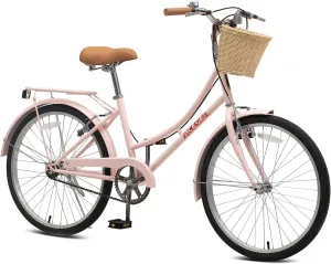 ACEGER 24 26 Inch Women Comfort Bike, Single Speed and 7 Speed, Adult City Bike with Basket and Rear Rack, Hi-Ten Steel Frame with Adjustable Handlebar and Saddle, Multiple Colors